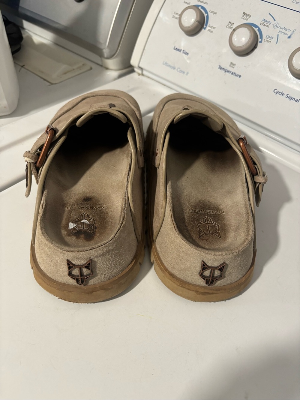 NAKED WOLFE Vivi Suede Leather Chunky Clogs Mules Slip On Slippers Tan Size 38 8 - Picture 5 of 8